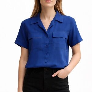 Marcs- 100% Silk Slightly Cropped Purple Button Down Short Sleeve Blouse